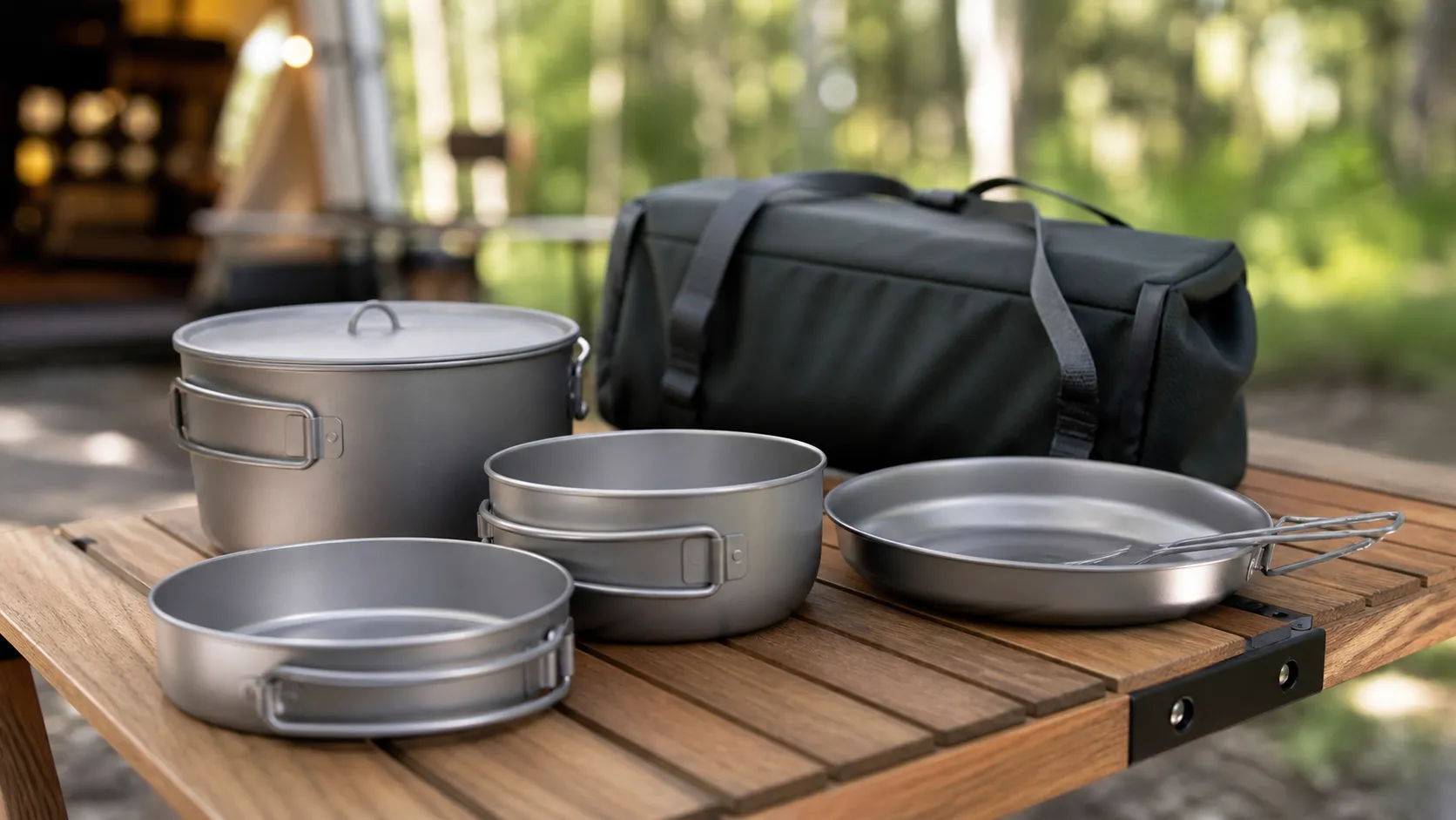 Outdoor kit projects featuring ultralight titanium pots, folding stoves, and cookware